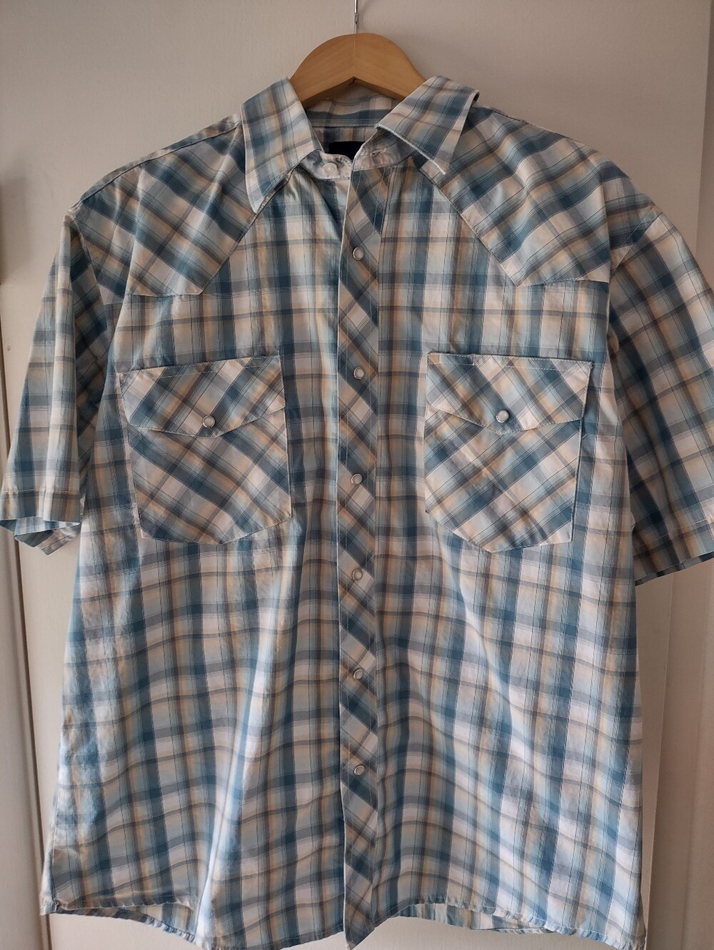 Wrangler Men's Blue Plaid Western Shirt XL Short Sleeve Snap Button 2 Pockets